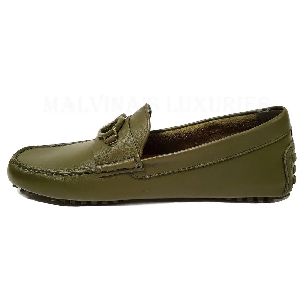 GUCCI SHOES MENS LOAFERS MOCCASINS G LOGO GREEN LEATHER sz 9G 9.5